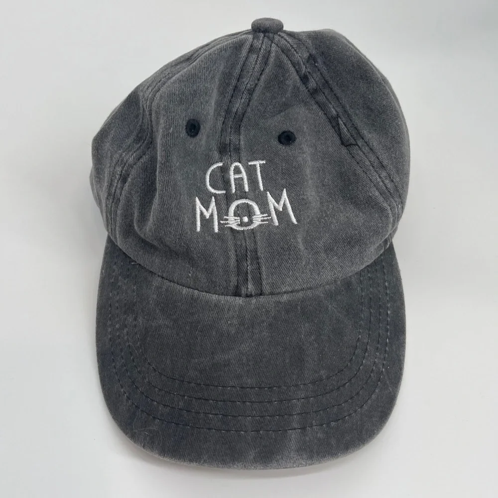 Cat Mom Embroidered Baseball Cap Washed Black Cotton Adjustable Dad Hat